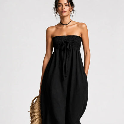 Women's Linen Blend Strapless Jumpsuit | Breezy Loose-Fit Summer Outfit 4
