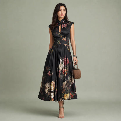Women's Luxurious Satin Midi Dress | Elegant Keyhole Collar Floral Cocktail Dress 0