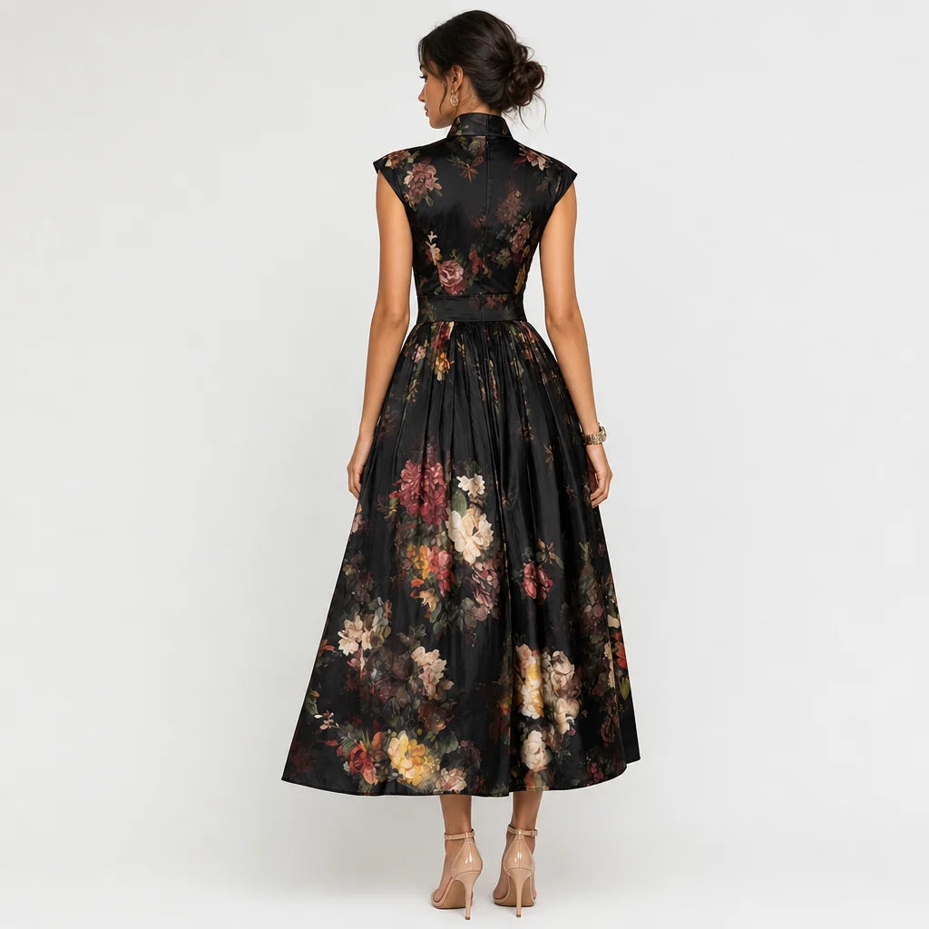Women's Luxurious Satin Midi Dress | Elegant Keyhole Collar Floral Cocktail Dress 1