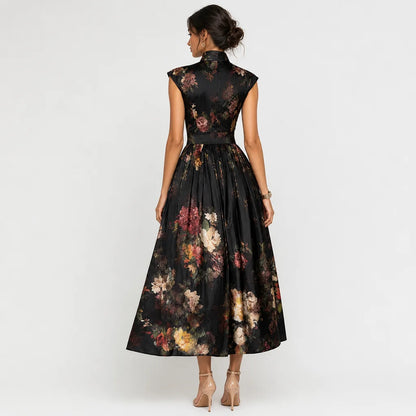 Women's Luxurious Satin Midi Dress | Elegant Keyhole Collar Floral Cocktail Dress 1