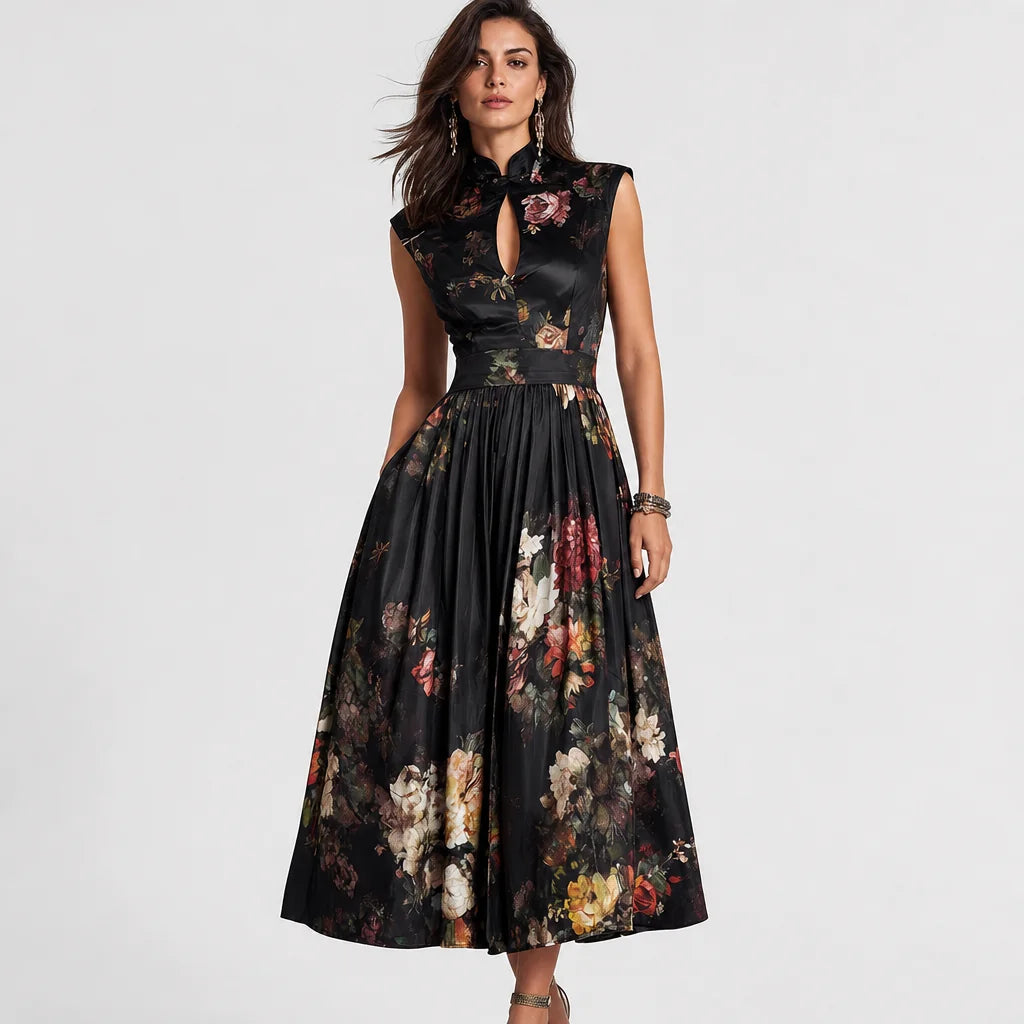 Women's Luxurious Satin Midi Dress | Elegant Keyhole Collar Floral Cocktail Dress 2
