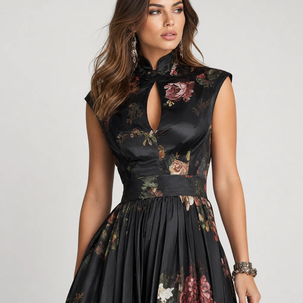 Women's Luxurious Satin Midi Dress | Elegant Keyhole Collar Floral Cocktail Dress 3