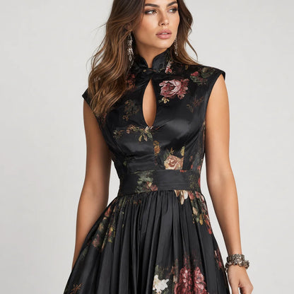 Women's Luxurious Satin Midi Dress | Elegant Keyhole Collar Floral Cocktail Dress 3