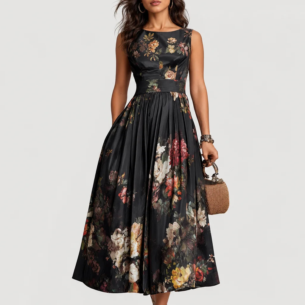 Women's Luxurious Satin Midi Dress | Elegant Keyhole Collar Floral Cocktail Dress 4