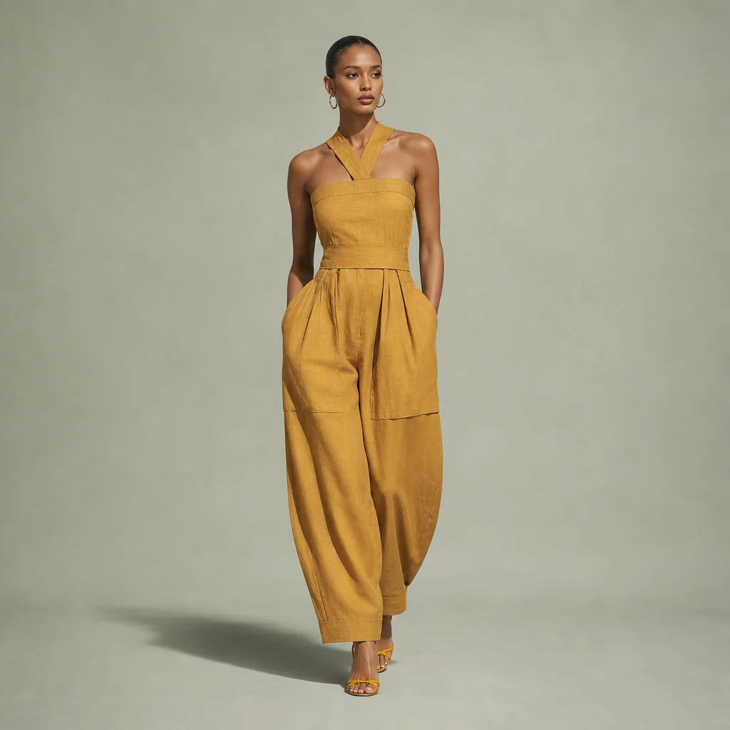 Women's Mustard Linen-Blend Jumpsuit | Stylish Crisscross Neckline Relaxed Trousers for Spring Summer 0