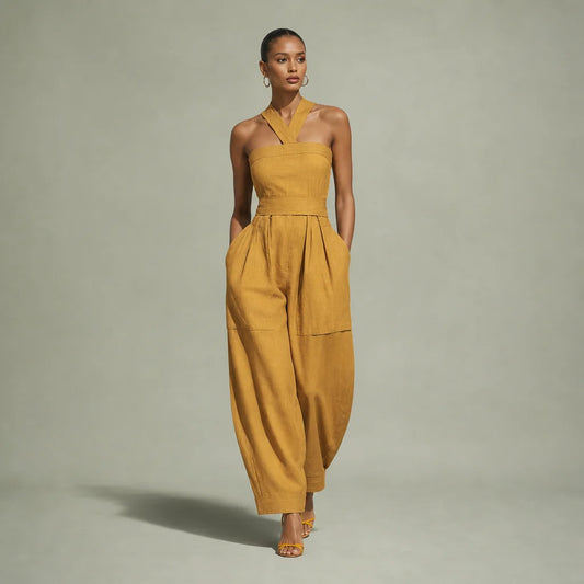 Women's Mustard Linen-Blend Jumpsuit | Stylish Crisscross Neckline Relaxed Trousers for Spring Summer 0