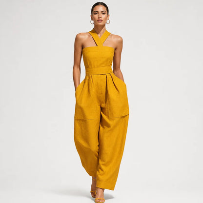 Women's Mustard Linen-Blend Jumpsuit | Stylish Crisscross Neckline Relaxed Trousers for Spring Summer 1