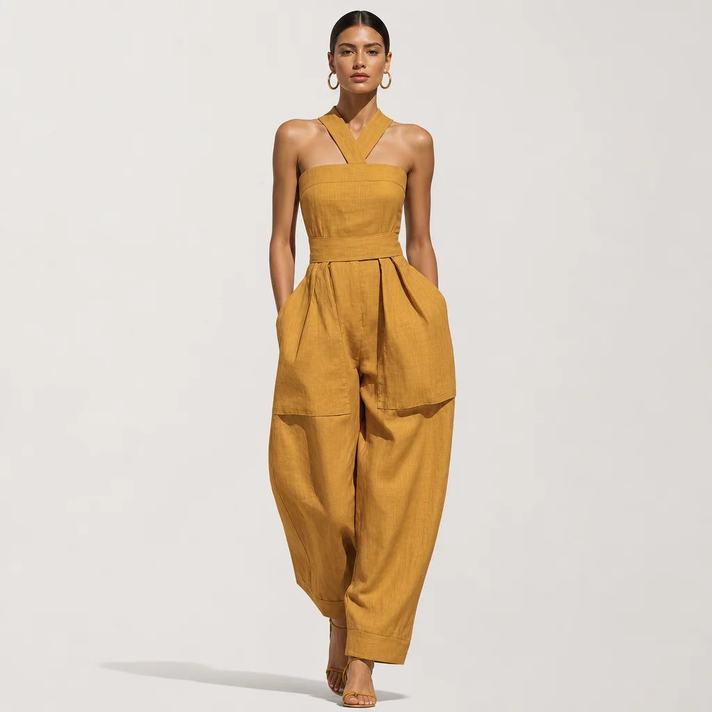 Women's Mustard Linen-Blend Jumpsuit | Stylish Crisscross Neckline Relaxed Trousers for Spring Summer 2