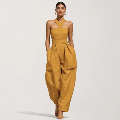 Women's Mustard Linen-Blend Jumpsuit | Stylish Crisscross Neckline Relaxed Trousers for Spring Summer 2
