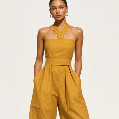 Women's Mustard Linen-Blend Jumpsuit | Stylish Crisscross Neckline Relaxed Trousers for Spring Summer 3