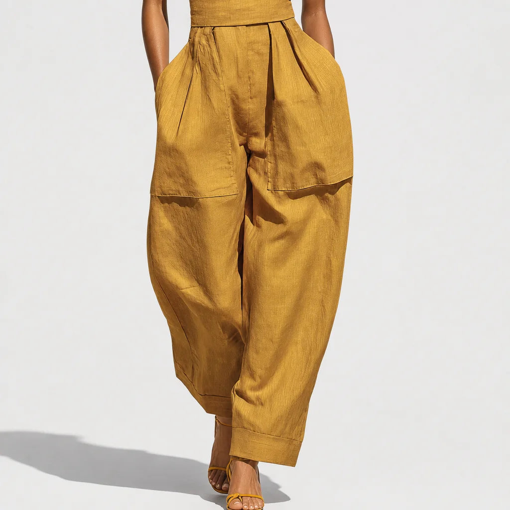 Women's Mustard Linen-Blend Jumpsuit | Stylish Crisscross Neckline Relaxed Trousers for Spring Summer 4