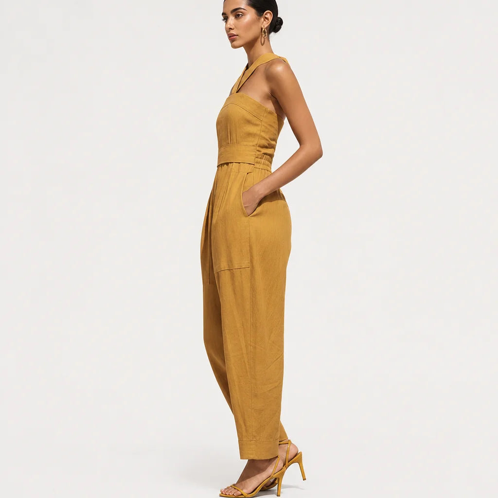 Women's Mustard Linen-Blend Jumpsuit | Stylish Crisscross Neckline Relaxed Trousers for Spring Summer 5