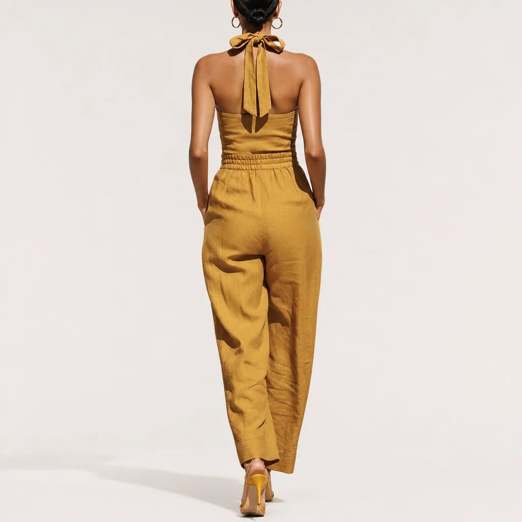 Women's Mustard Linen-Blend Jumpsuit | Stylish Crisscross Neckline Relaxed Trousers for Spring Summer 6