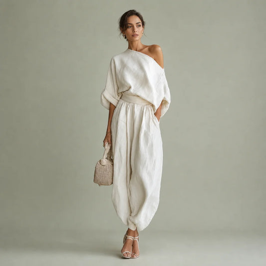 Women's Off-White Linen Casual Two Piece Set | Breezy Off-Shoulder Top and Tapered Pants 0
