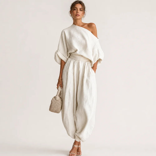 Women's Off-White Linen Casual Two Piece Set | Breezy Off-Shoulder Top and Tapered Pants 0