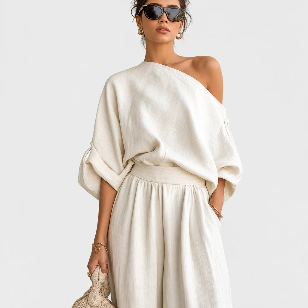 Women's Off-White Linen Casual Two Piece Set | Breezy Off-Shoulder Top and Tapered Pants 1