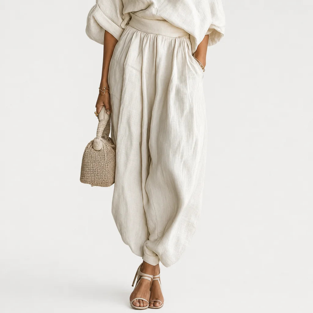 Women's Off-White Linen Casual Two Piece Set | Breezy Off-Shoulder Top and Tapered Pants 2