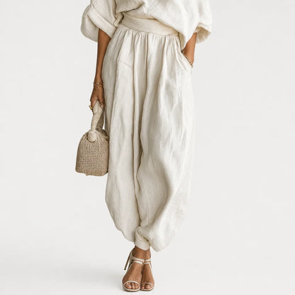 Women's Off-White Linen Casual Two Piece Set | Breezy Off-Shoulder Top and Tapered Pants 2
