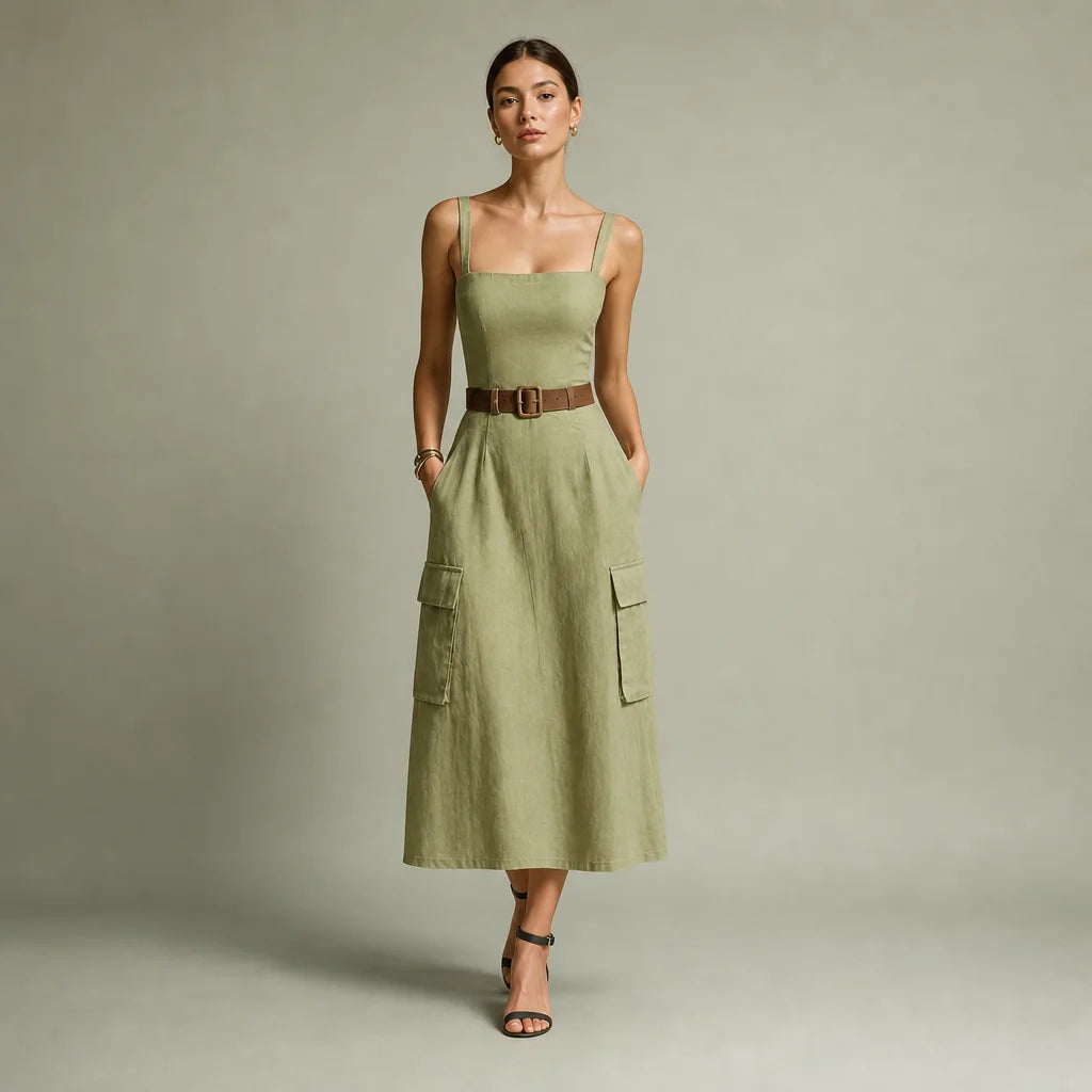 Women's Olive Linen Midi Dress | Casual Sleeveless Summer Dress with Pockets 0