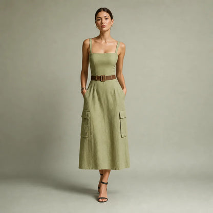 Women's Olive Linen Midi Dress | Casual Sleeveless Summer Dress with Pockets 0