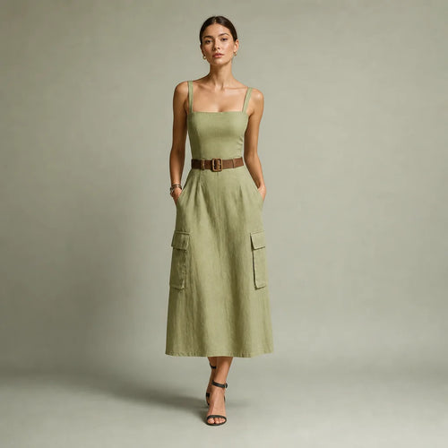 Women's Olive Linen Midi Dress | Casual Sleeveless Summer Dress with Pockets 0