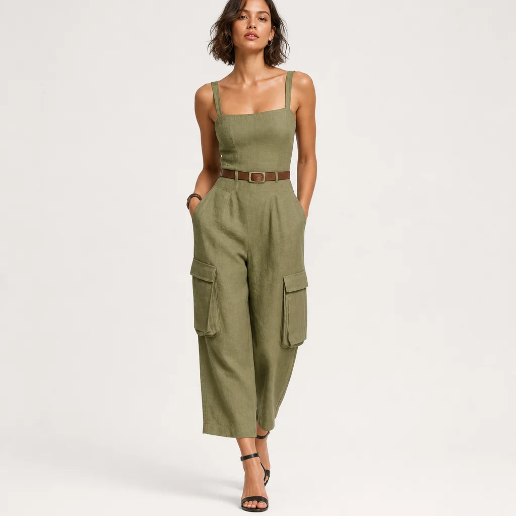 Women's Olive Linen Midi Dress | Casual Sleeveless Summer Dress with Pockets 1