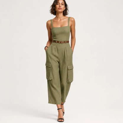 Women's Olive Linen Midi Dress | Casual Sleeveless Summer Dress with Pockets 1