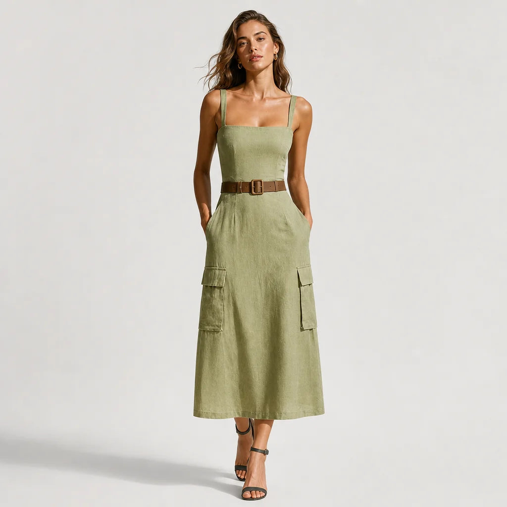 Women's Olive Linen Midi Dress | Casual Sleeveless Summer Dress with Pockets 2