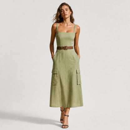 Women's Olive Linen Midi Dress | Casual Sleeveless Summer Dress with Pockets 2