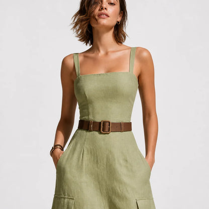 Women's Olive Linen Midi Dress | Casual Sleeveless Summer Dress with Pockets 3