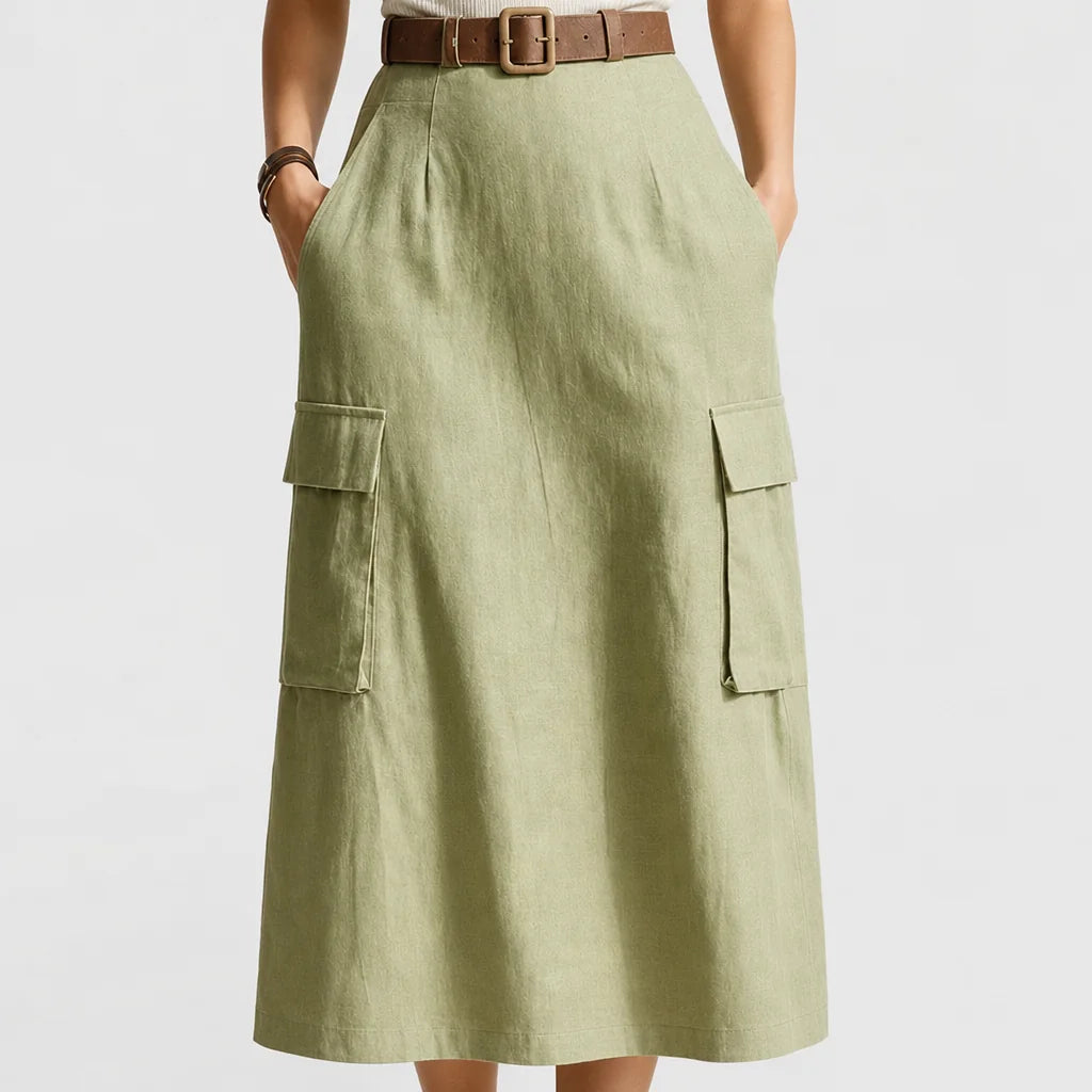 Women's Olive Linen Midi Dress | Casual Sleeveless Summer Dress with Pockets 4