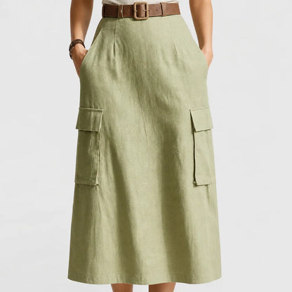 Women's Olive Linen Midi Dress | Casual Sleeveless Summer Dress with Pockets 4