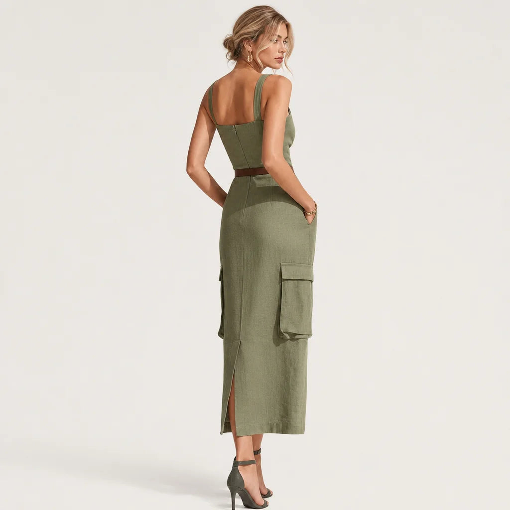 Women's Olive Linen Midi Dress | Casual Sleeveless Summer Dress with Pockets 5