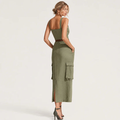 Women's Olive Linen Midi Dress | Casual Sleeveless Summer Dress with Pockets 5