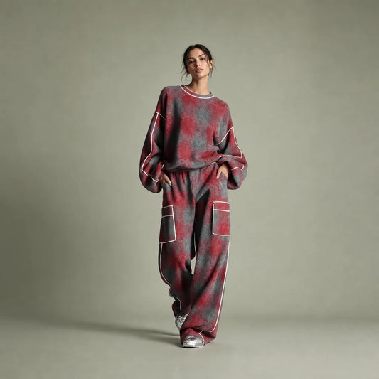 Women's Plaid Brushed Pantsuit | Stylish Distressed Spring-Fall Outfit 0