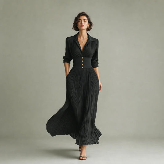 Women's Polyester Blend Maxi Dress | Elegant Pleated Long Sleeve Formal Dress 0