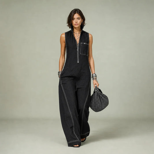 Women's Polyester Blend Sleeveless Jumpsuit | Elegant Loose-Fit Casual Romper 0