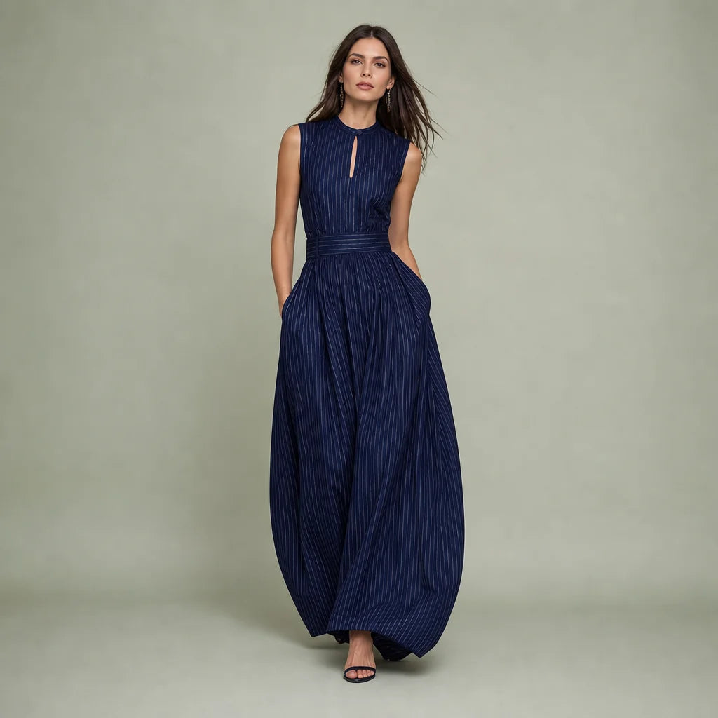 Women's Satin Striped Wide-Leg Jumpsuit | Elegant Keyhole Neckline Dress 0
