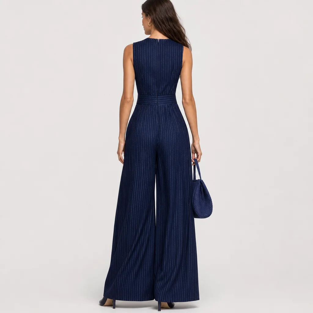 Women's Satin Striped Wide-Leg Jumpsuit | Elegant Keyhole Neckline Dress 1