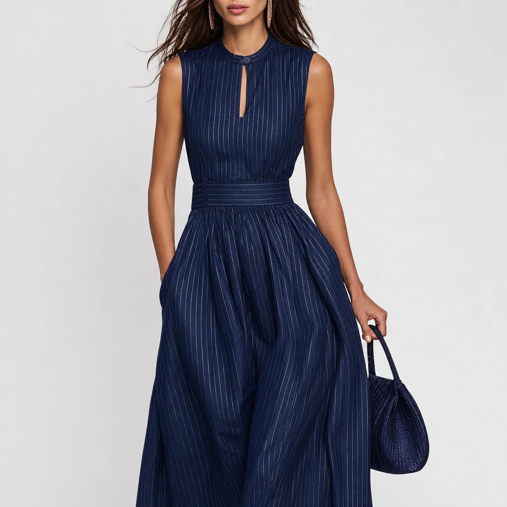 Women's Satin Striped Wide-Leg Jumpsuit | Elegant Keyhole Neckline Dress 2