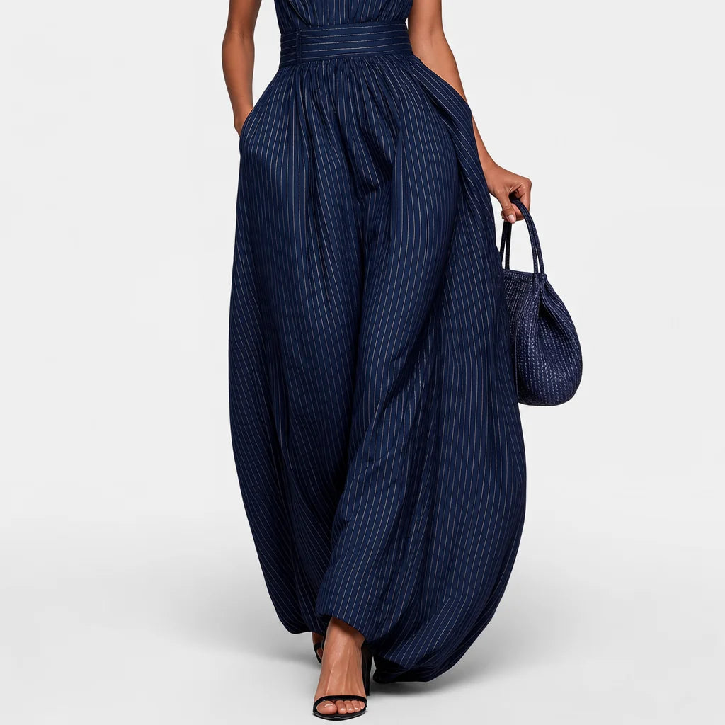 Women's Satin Striped Wide-Leg Jumpsuit | Elegant Keyhole Neckline Dress 3