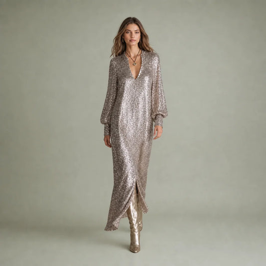 Women's Shimmering Polyester Maxi Dress | Elegant Loose-Fit V-Neck Evening Gown 0