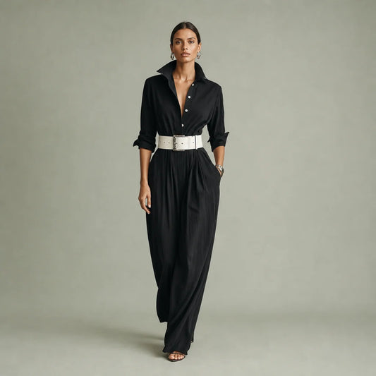 Women's Smooth Fabric Belted Jumpsuit | Elegant Tailored Long Sleeve Outfit 0