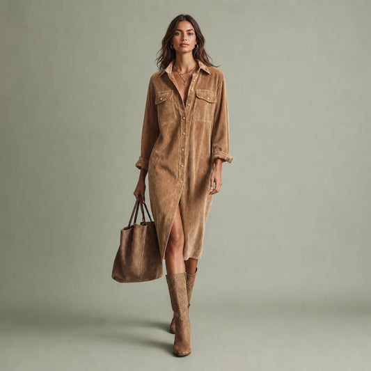 Women's Soft Corduroy Midi Dress | Relaxed Fit Double Chest Pocket Style 0