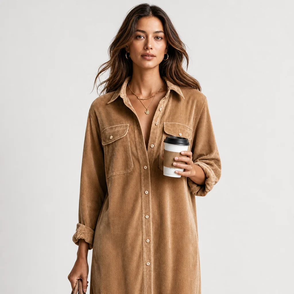Women's Soft Corduroy Midi Dress | Relaxed Fit Double Chest Pocket Style 1