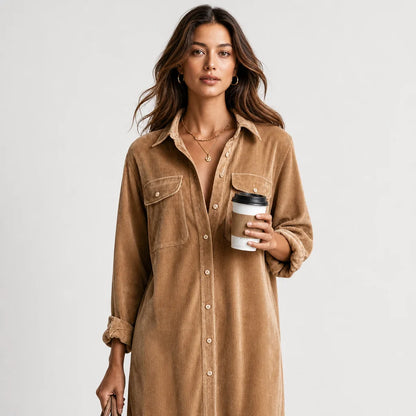 Women's Soft Corduroy Midi Dress | Relaxed Fit Double Chest Pocket Style 1