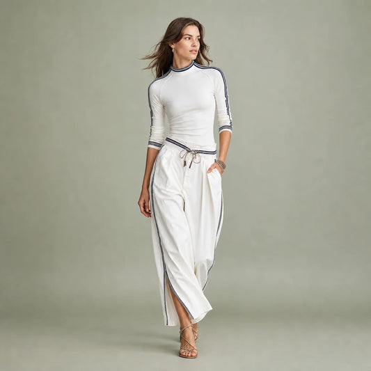 Women's Soft Cotton Blend Two-Piece Sports Set | Stylish Half-High Neck Top & Drawstring Wide-Leg Pants 0