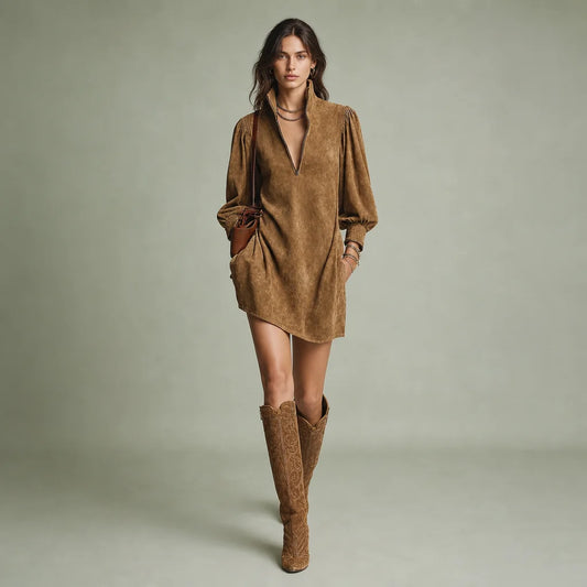 Women's Soft Faux Suede Mini Dress | Cozy Turtleneck with Zipper Closure 0