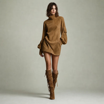 Women's Soft Faux Suede Mini Dress | Vintage Turtleneck Casual Outfit 0