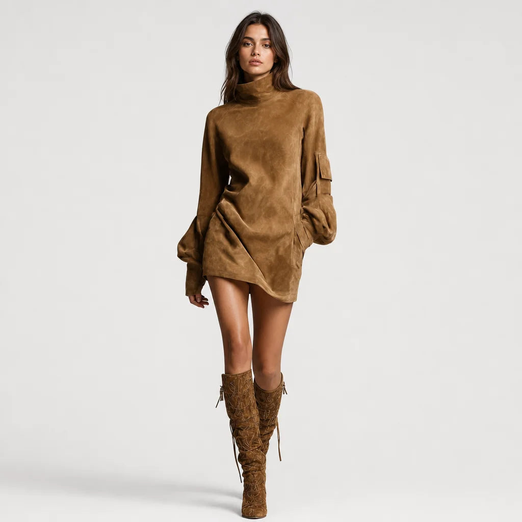 Women's Soft Faux Suede Mini Dress | Vintage Turtleneck Casual Outfit 3